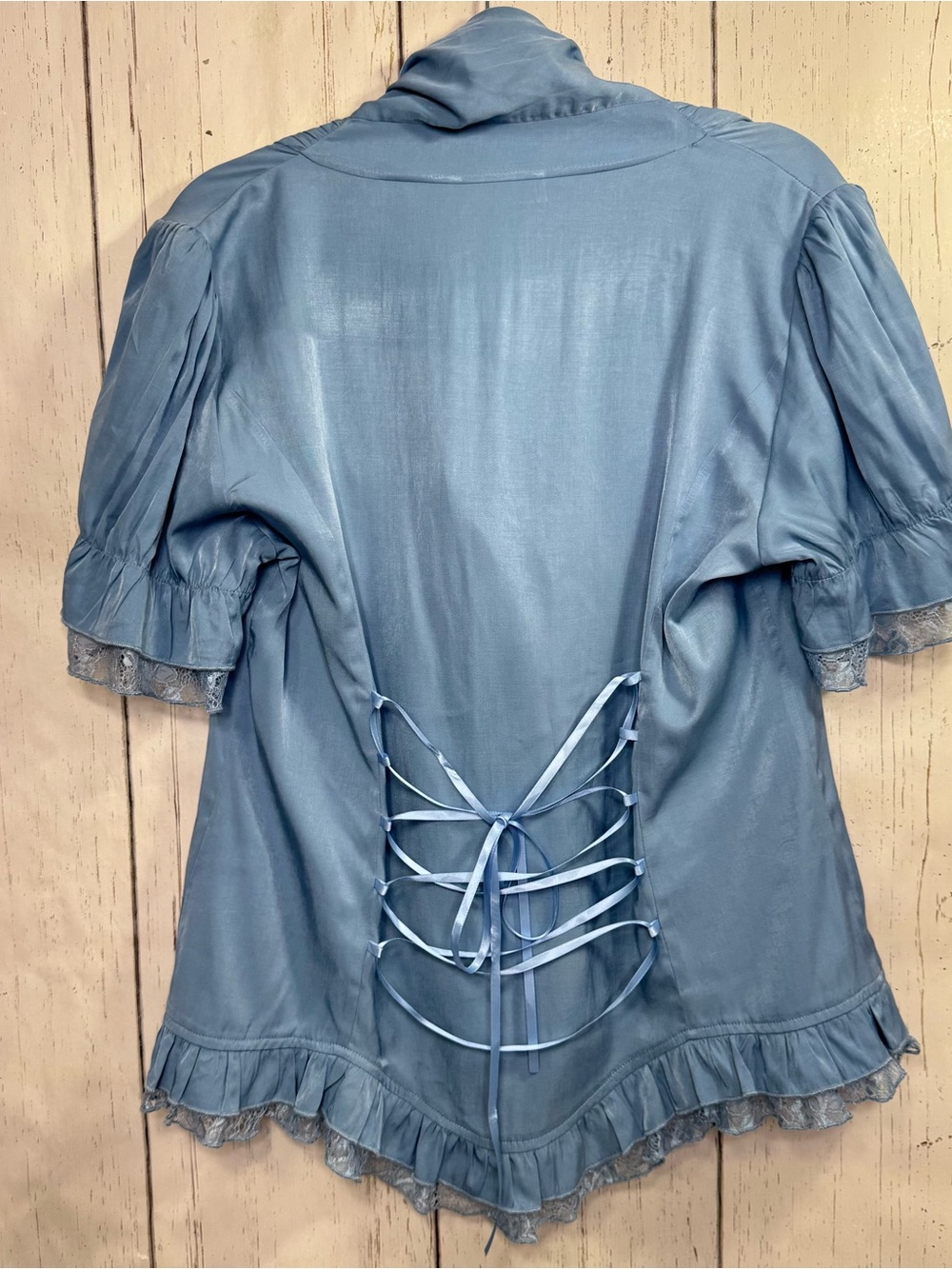 Scarlet Darkness Blue Gray Lace Corset Back Blouse XL Gothic Fairy Grunge Boho